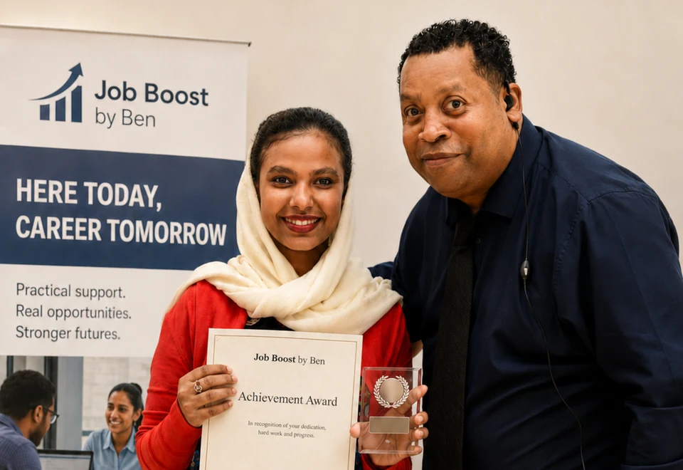 Ben celebrating a young person's Job Boost achievement award